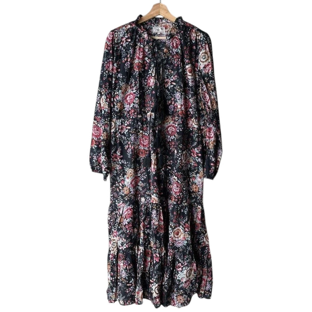 New MILLE Astrid Tasseled Midi Dress $248 SMALL Bloomsbury Floral Long Sleeve
