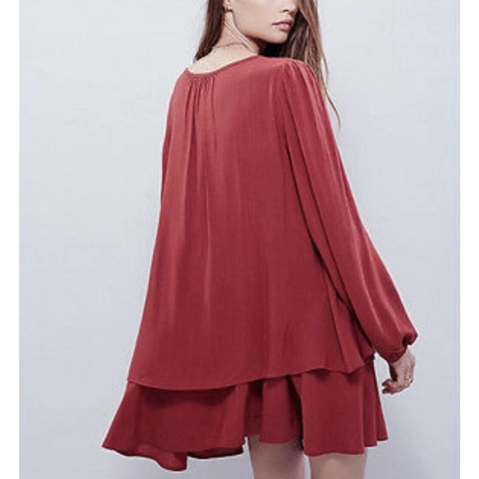New Free People Made In Philadelphia Beck Long Sleeve Mini Dress $128 XS Red