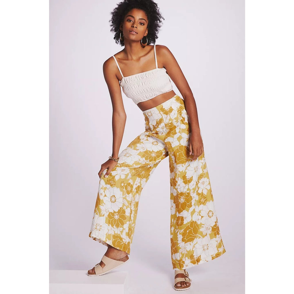 New Anthropologie Faithfull The Brand Malta Wide-Leg Pants Size 4 Gold Floral