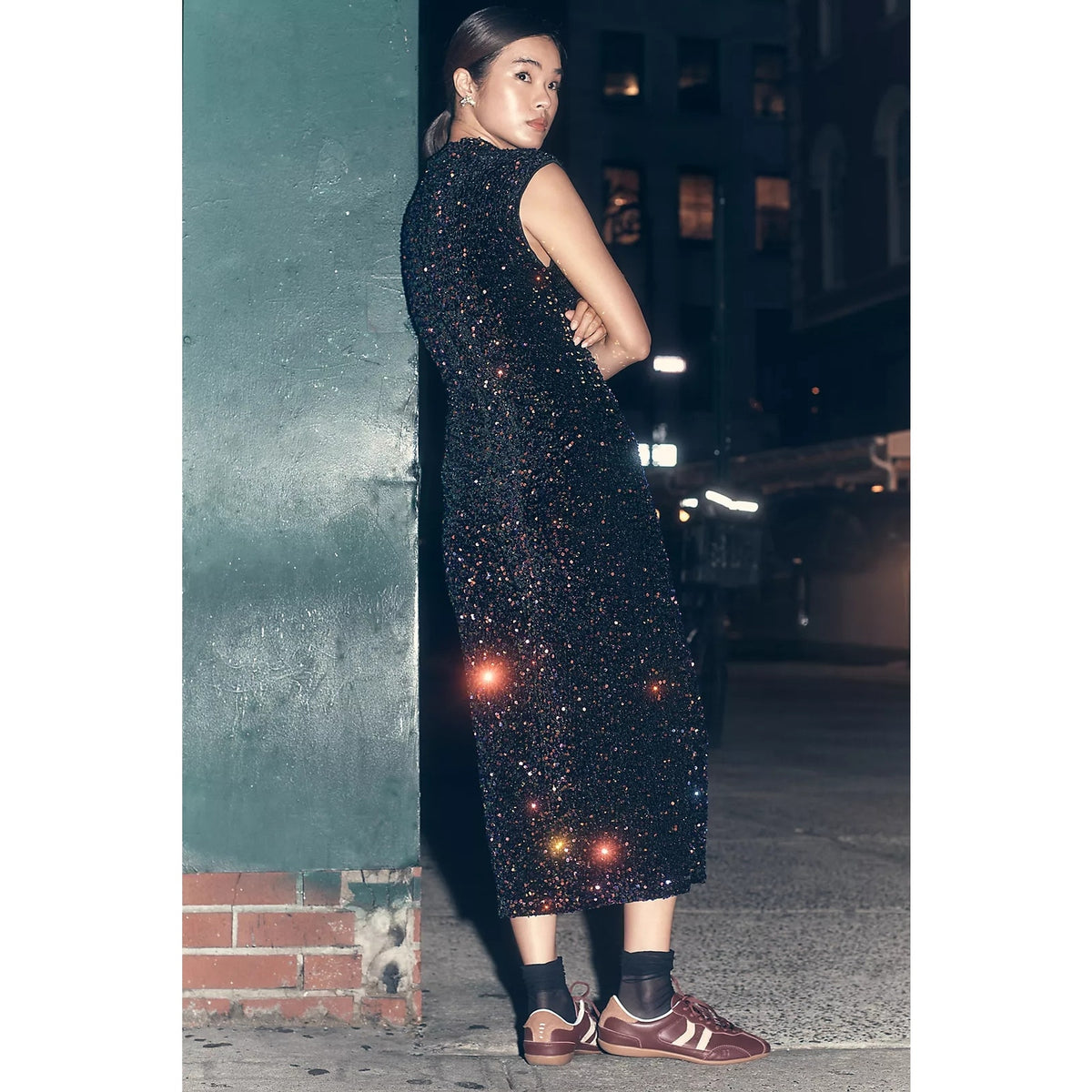 Anthropologie The Maya Ruched Cowl-Neck Sequin Mesh Dress SMALL Anthropologie