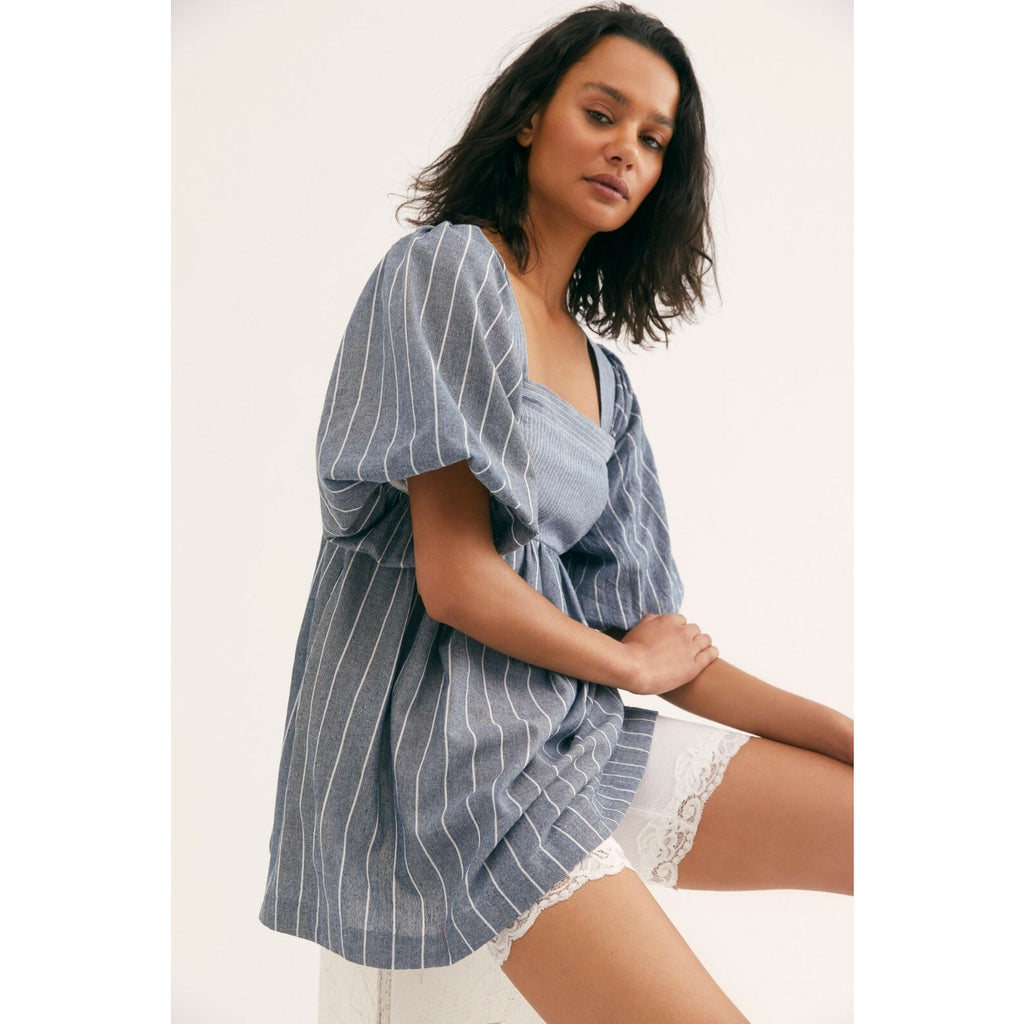 New Free People Striped Gigi Tunic $108 Size Small Blue Smocked