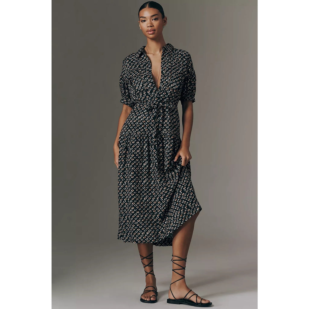 Black abstract geo utility pocket shirtdress with V-neck and puff sleeves