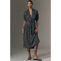 Black abstract geo utility pocket shirtdress with V-neck and puff sleeves