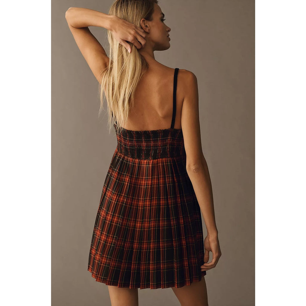 Black-and-red plaid mini dress with spaghetti straps and gathered waist