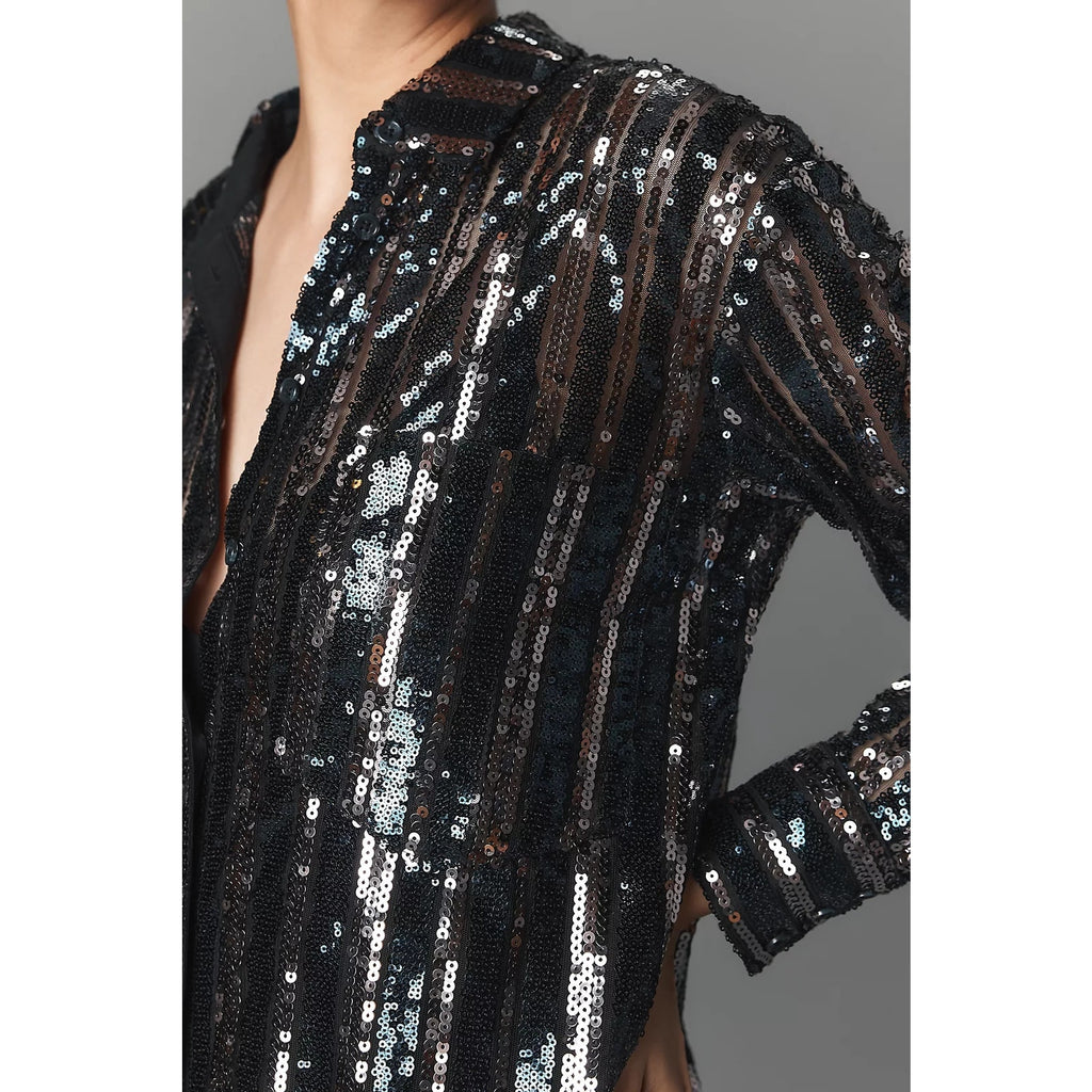 Anthropologie The Soren Sequin Mini Shirt Dress by Maeve SMALL Navy Anthropologie