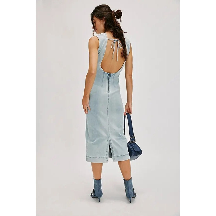 FREE PEOPLE Tell Me About It Midi Dress DENIM SIZE 6 Bleachout Slim Fit Free People