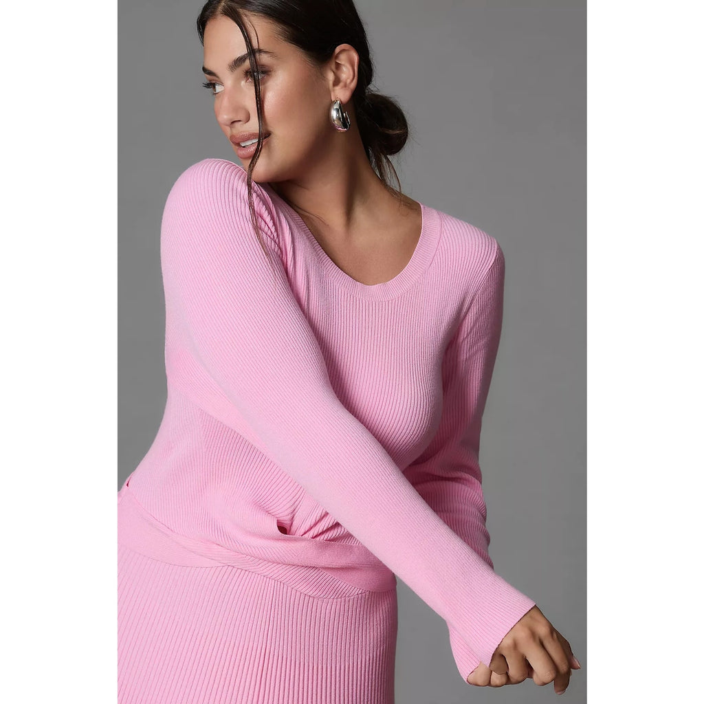 By Anthropologie Long-Sleeve Ribbed Sweater Midi Dress MEDIUM Pink Anthropologie