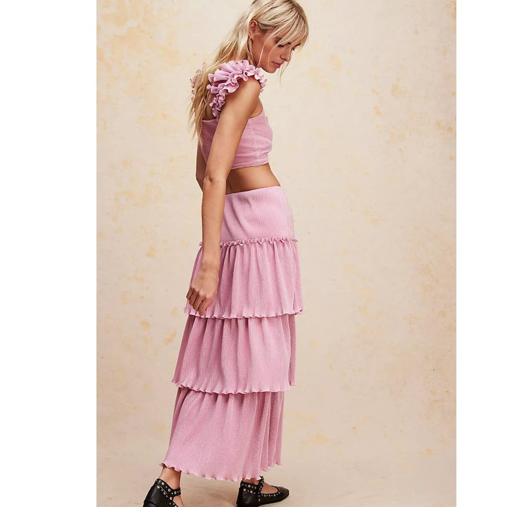 New Free People Saylor Gianna Midi Skirt Set $308 X-SMALL Pink Metallic Crop Top