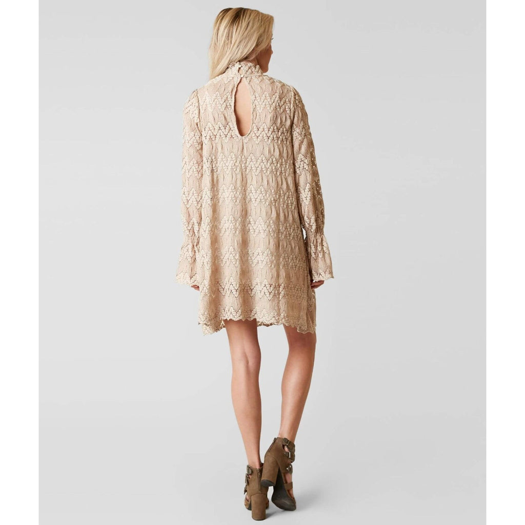New Free People Simone Neutral Crochet Lace Mini Dress $128 Small Mock Taupe