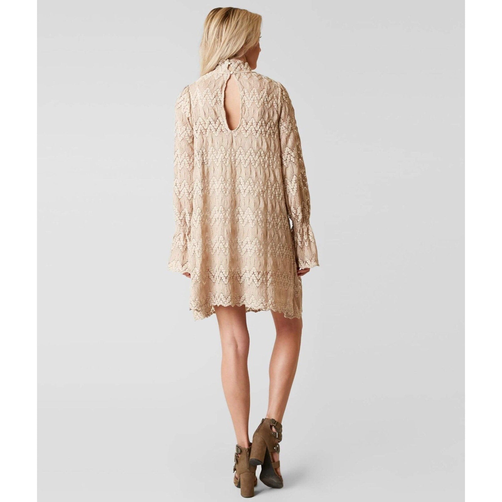 New Free People Simone Neutral Crochet Lace Mini Dress $128 Small Mock Taupe