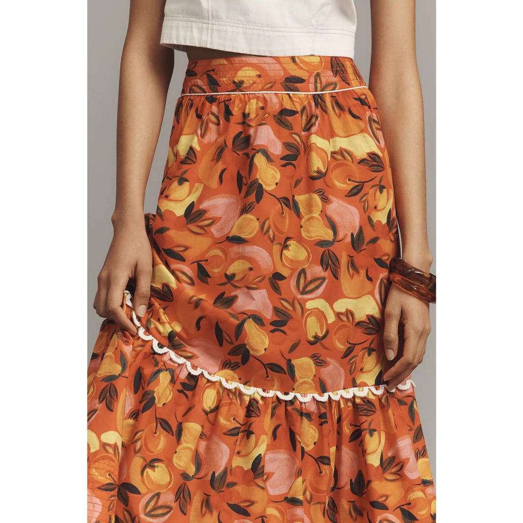 New Anthropologie Farm Rio Tiered Flare-Hem Midi Skirt $178 Medium Red Fruit