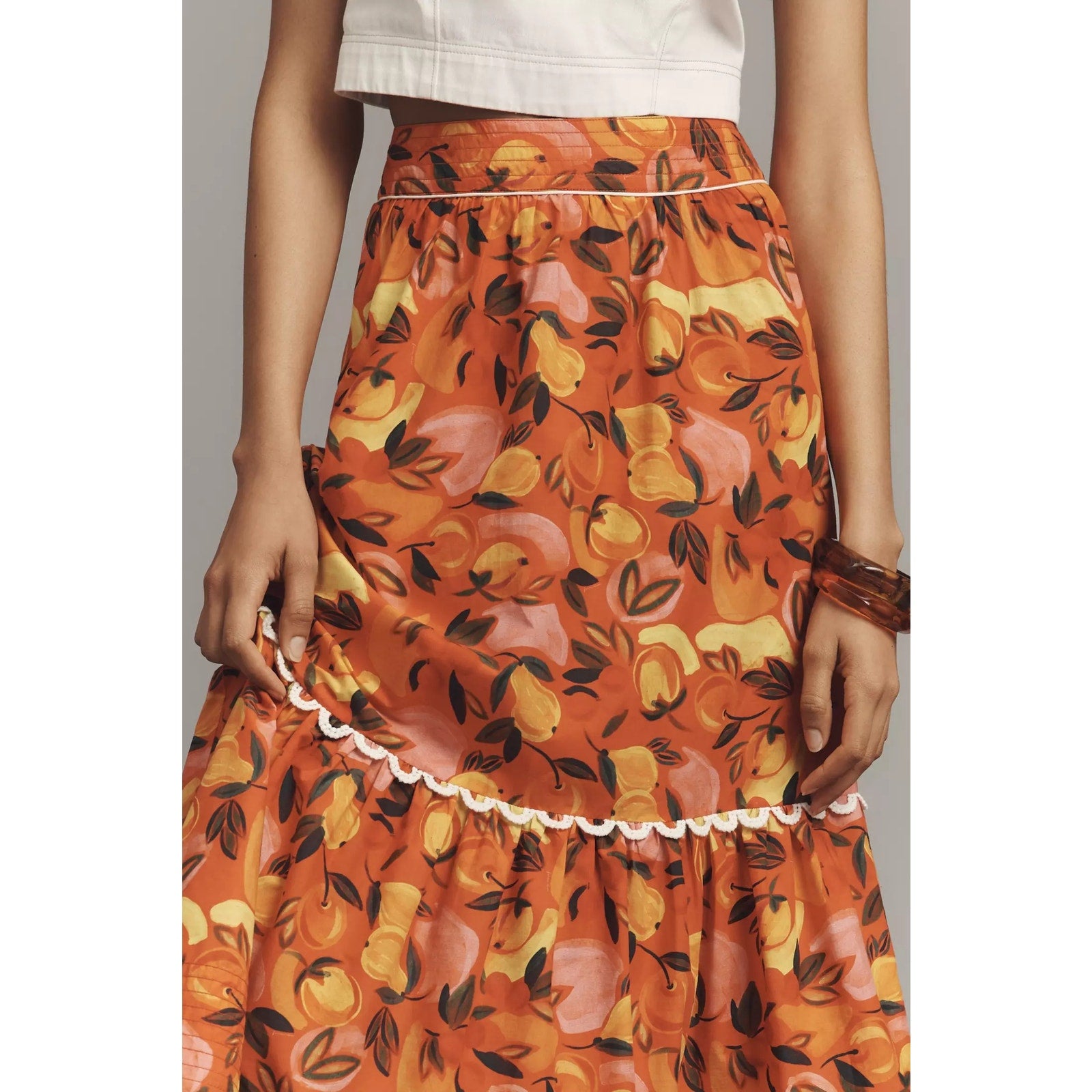 New Anthropologie Farm Rio Tiered Flare-Hem Midi Skirt $178 Medium Red Fruit