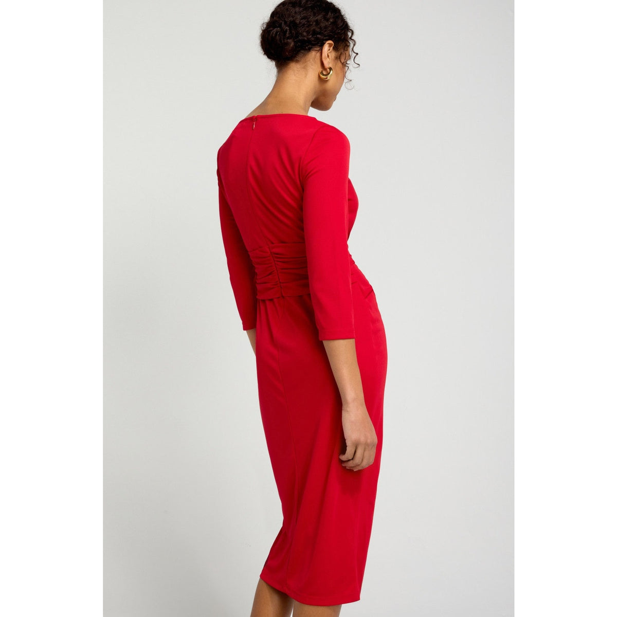Red midi dress with ruched back and draped twisted knot detail