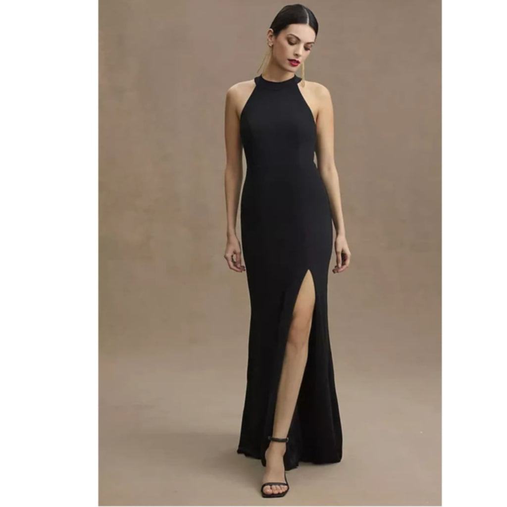 New Anthropologie BHLDN Lennox Halter Open-Back Side-Slit Stretch Crepe Gown 16