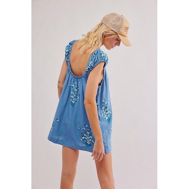 FREE PEOPLE Wildflower Embroidered Mini Dress MEDIUM Blue Free People