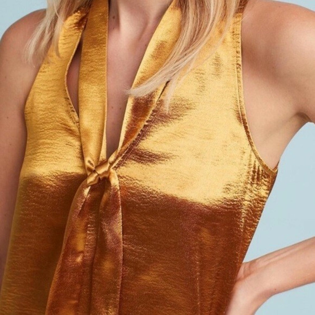 NEW Anthropologie Maeve Liquid Gold Satin Bow Tie Blouse Tank Size 2