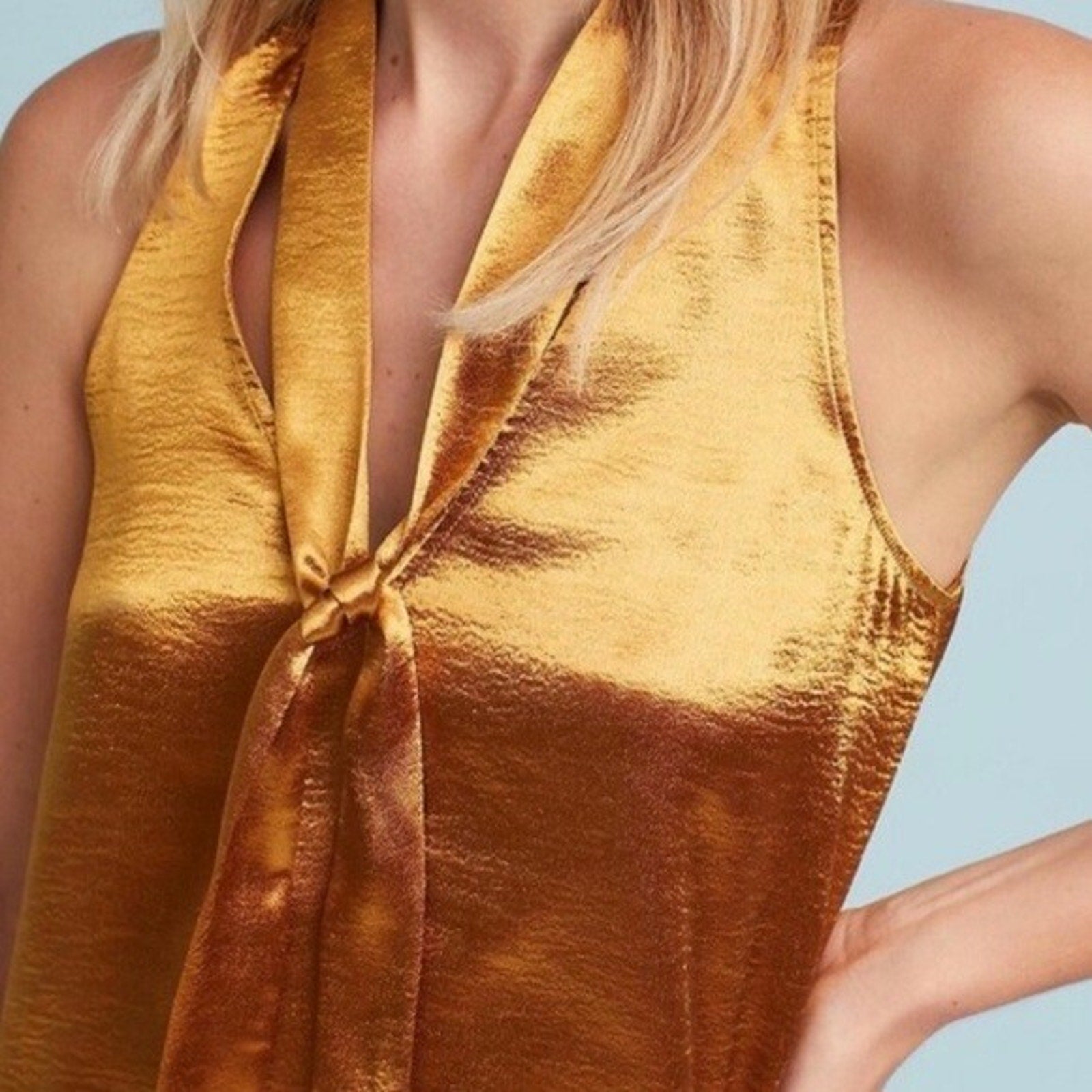 NEW Anthropologie Maeve Liquid Gold Satin Bow Tie Blouse Tank Size 2
