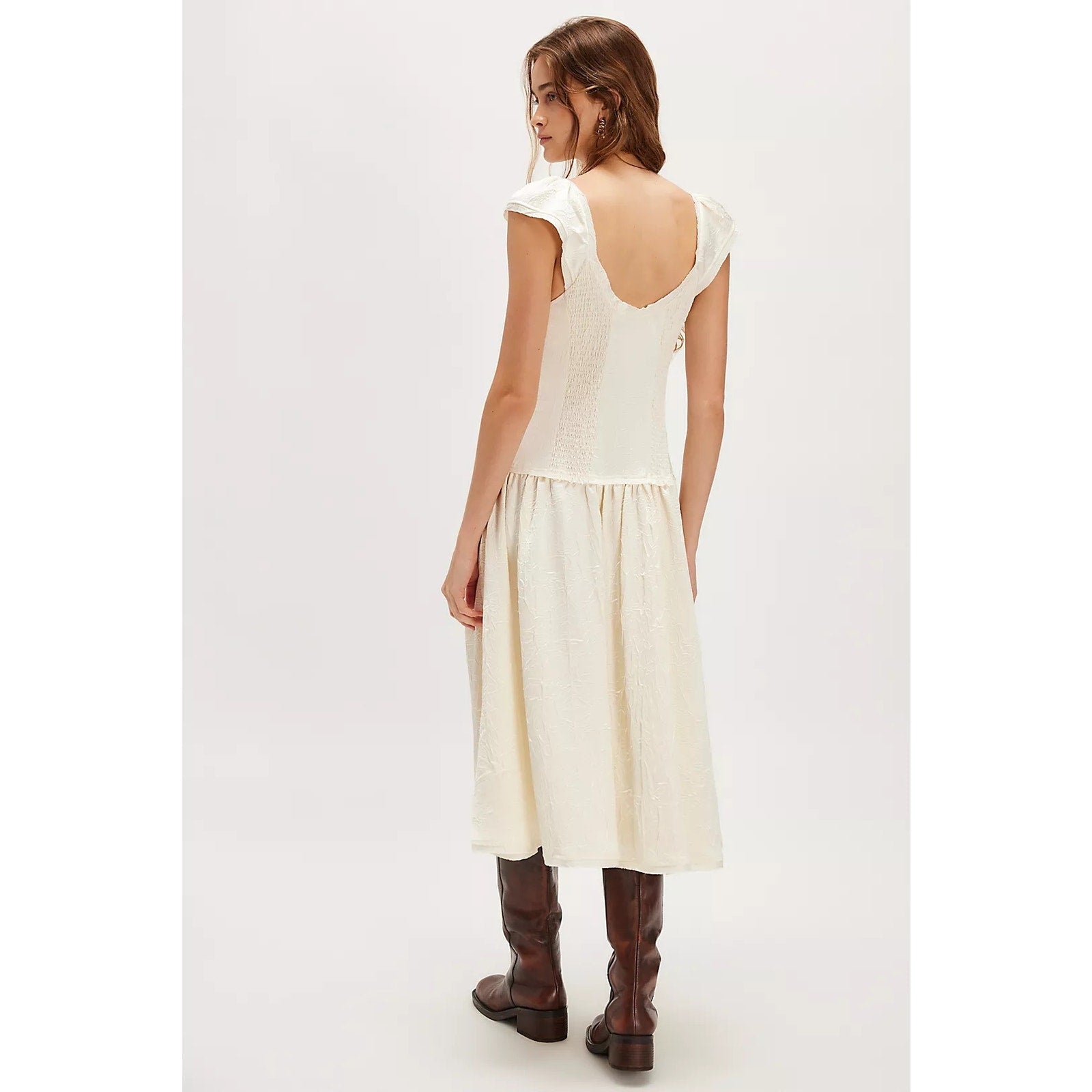 Free People Loveday Midi Dress MEDIUM Ivory Bohemian Drop Waist Free People