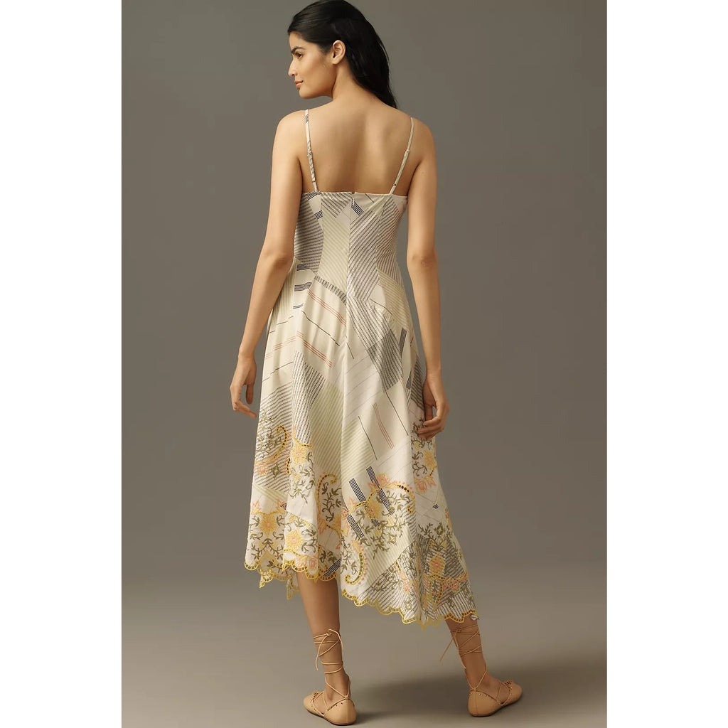 Anthropologie Sleeveless V-Neck Asymmetric Embroidered Midi Dress Sz L Anthropologie