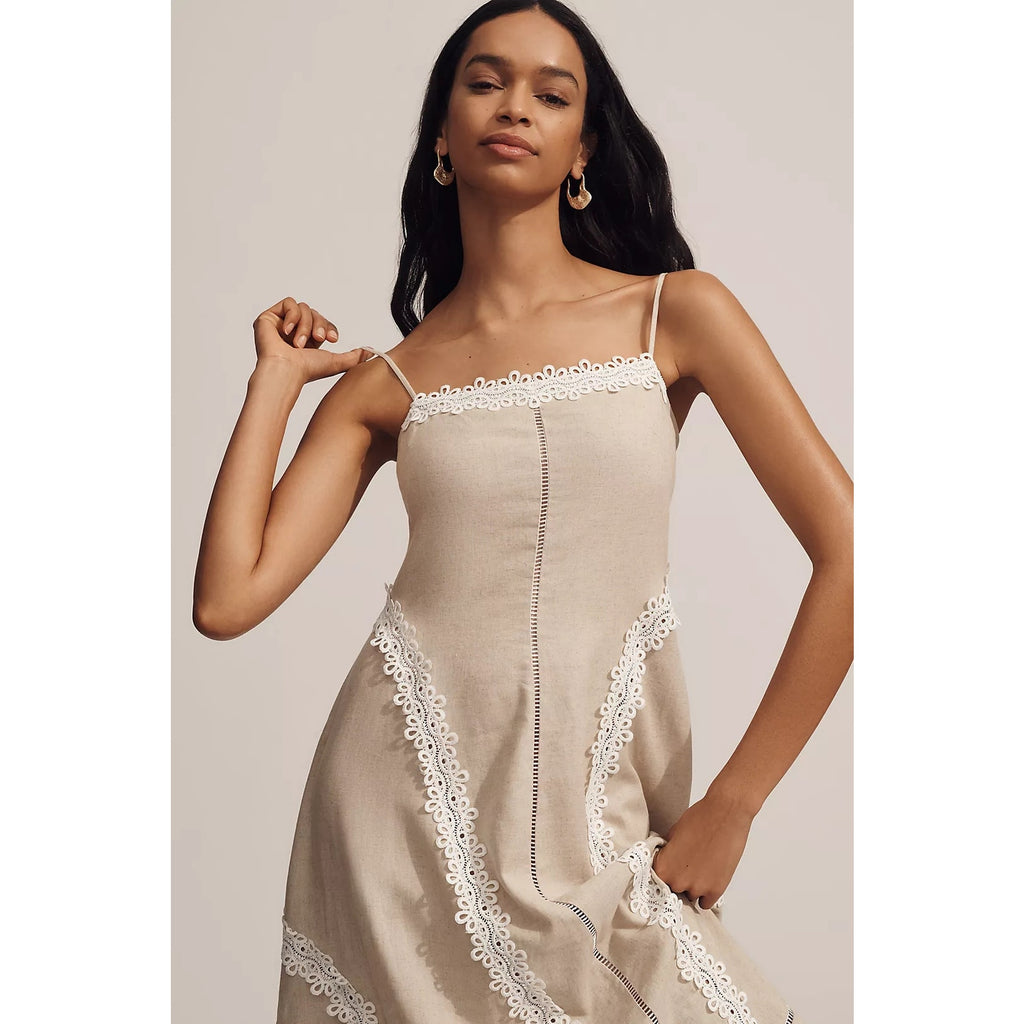 Anthropologie Linen Blend Sleeveless Square-Neck Midi Dress X-LARGE Tan Anthropologie