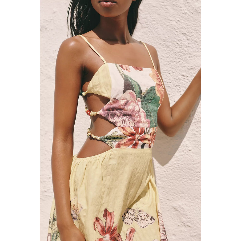 Anthropologie Celandine Beaded Midi Dress X-LARGE Yellow Floral CUTOUTS Anthropologie