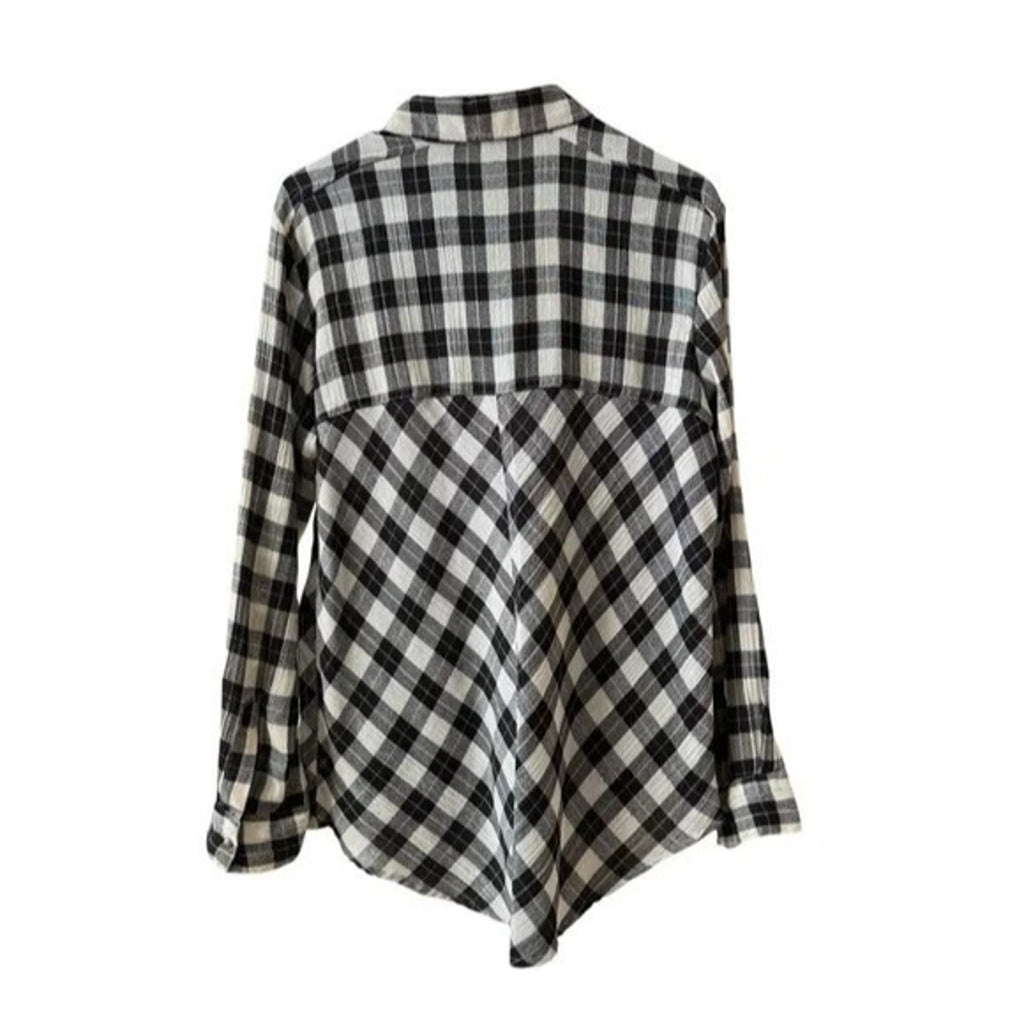 New Free People Plaid Lace Up Shoulder Snap Long Sleeve Top in B&W $108 Small