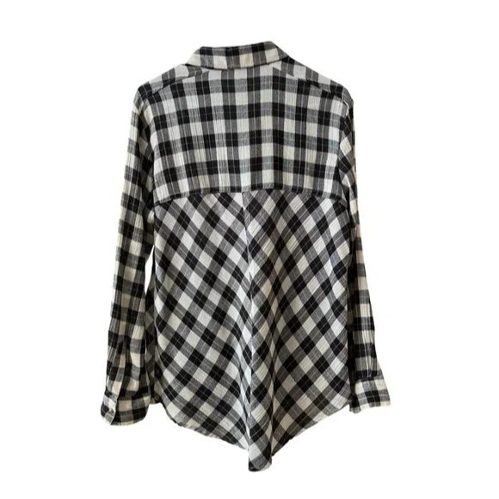 New Free People Plaid Lace Up Shoulder Snap Long Sleeve Top in B&W $108 Small