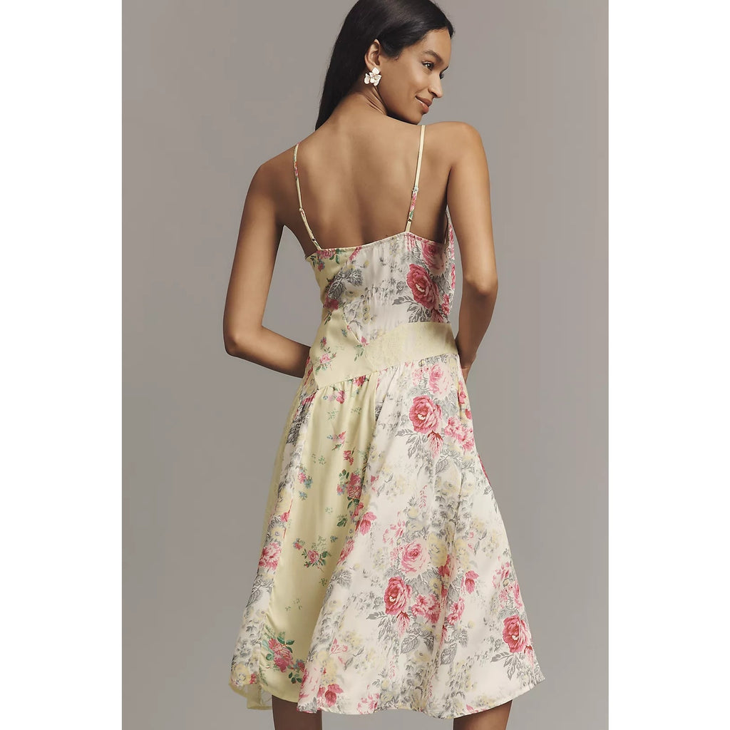 Anthropologie Sleeveless Patchwork Floral Slip Midi Dress Sz M Yellow Anthropologie