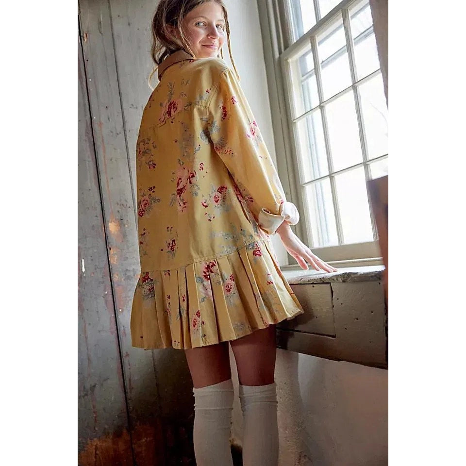New Free People Connor Floral Printed Mini Dress $168 X-SMALL Yellow Boho Button