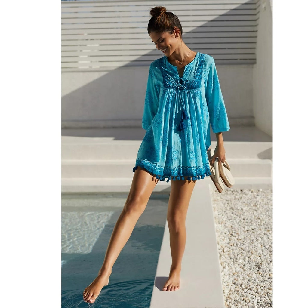 New Anthropologie Ro's Garden Seychelles Tunic Dress $165 X-SMALL Blue Boho