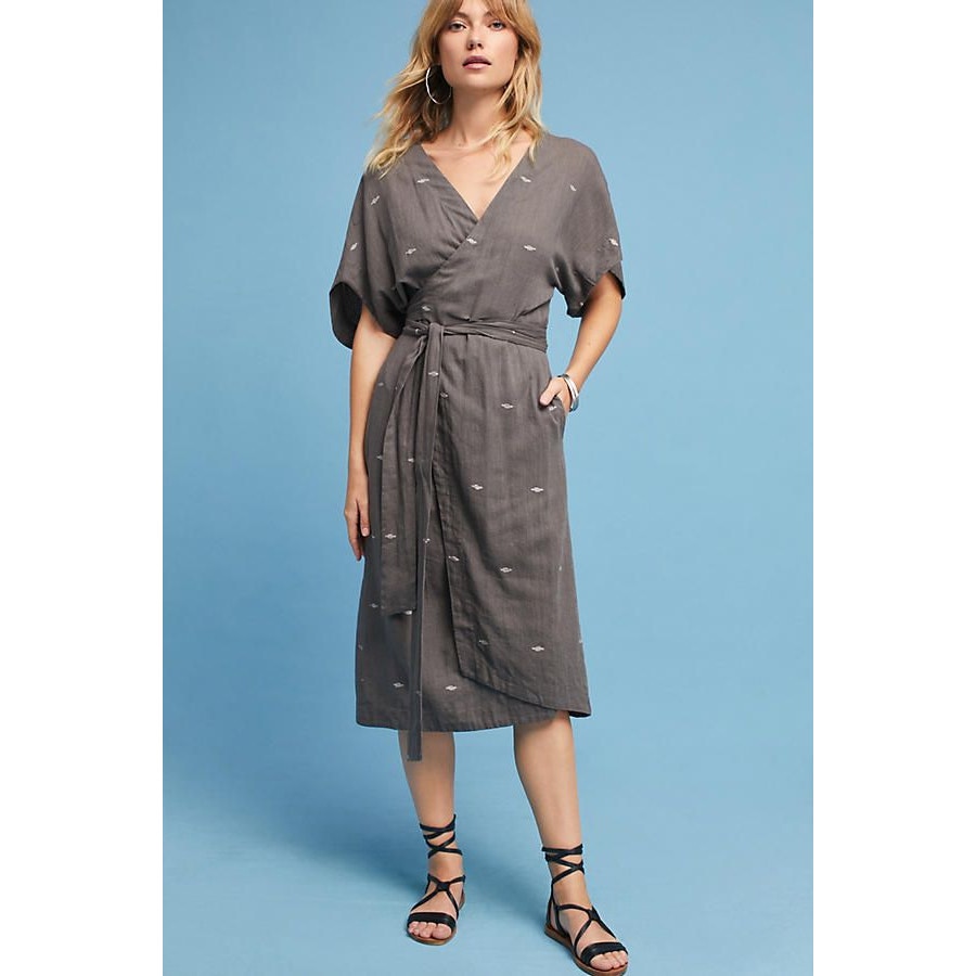 Anthropologie MIRTH Krabi Jamdani Wrap Midi Dress S/M 2-6 Gray Mirth