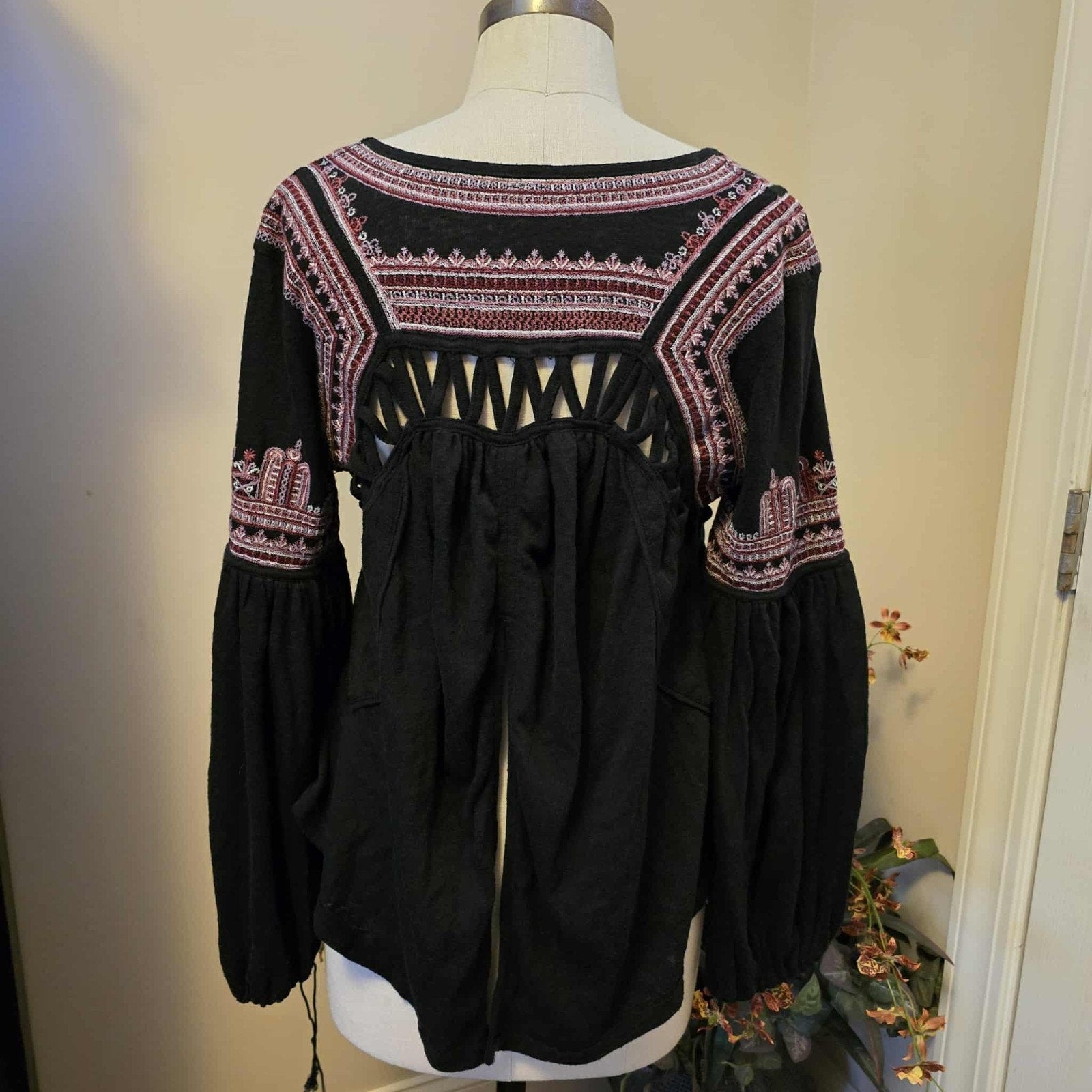 New Free People Snow Kisses Embroidered Long Sleeve Blouse $128 Small Black Boho
