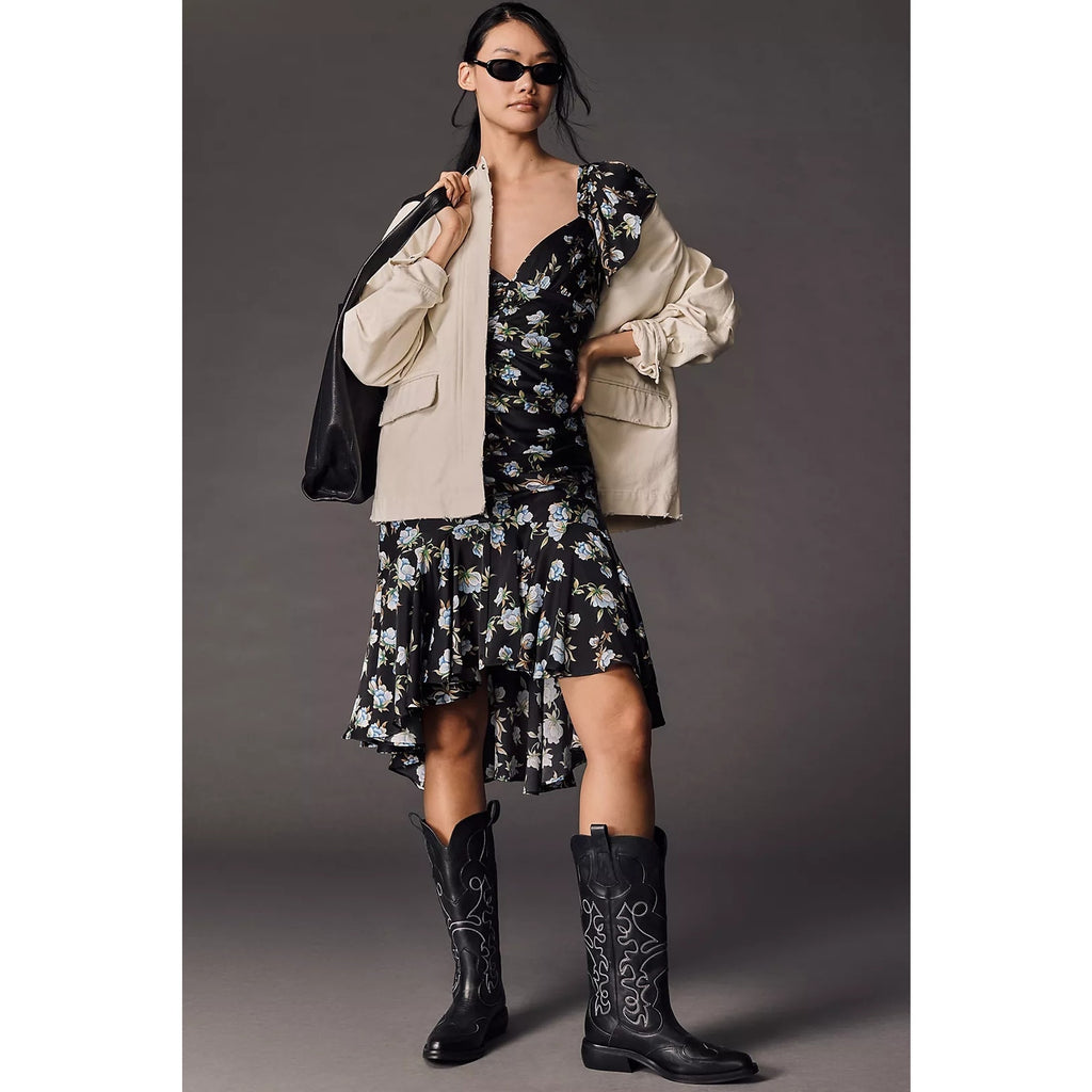 Anthropologie Sweetheart Ruched Drop-Waist Dress $188 MEDIUM Black Floral Anthropologie