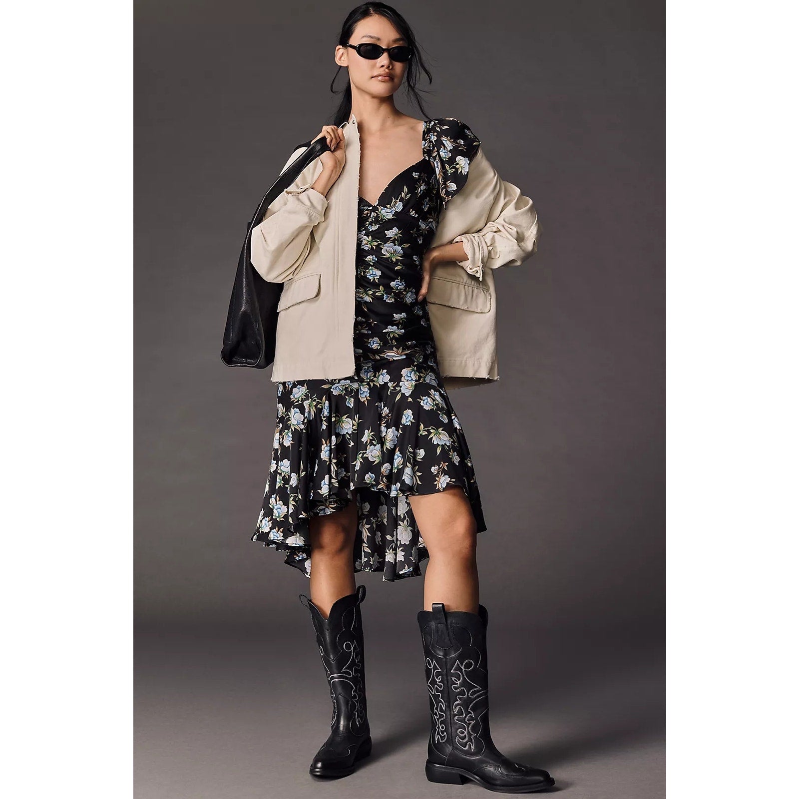 Anthropologie Sweetheart Ruched Drop-Waist Dress $188 MEDIUM Black Floral Anthropologie