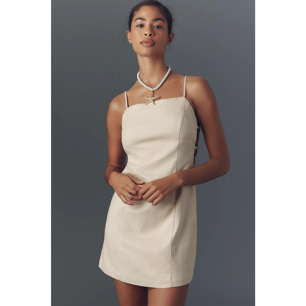 By Anthropologie Smocked Linen Blend Mini Dress MEDIUM Tan Anthropologie