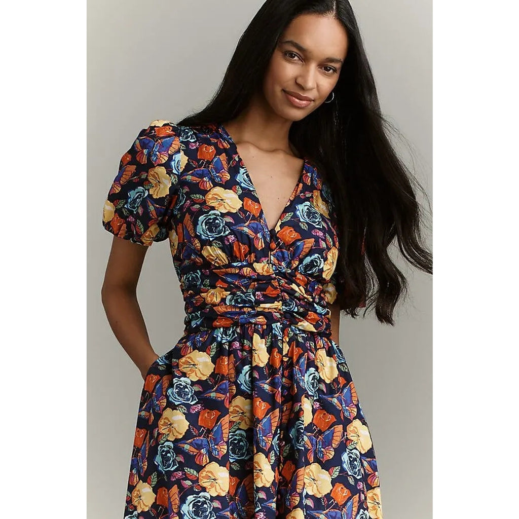 ANTHROPOLOGIE Katerina Button-Front Floral Midi Dress PLUS 2X Navy Anthropologie