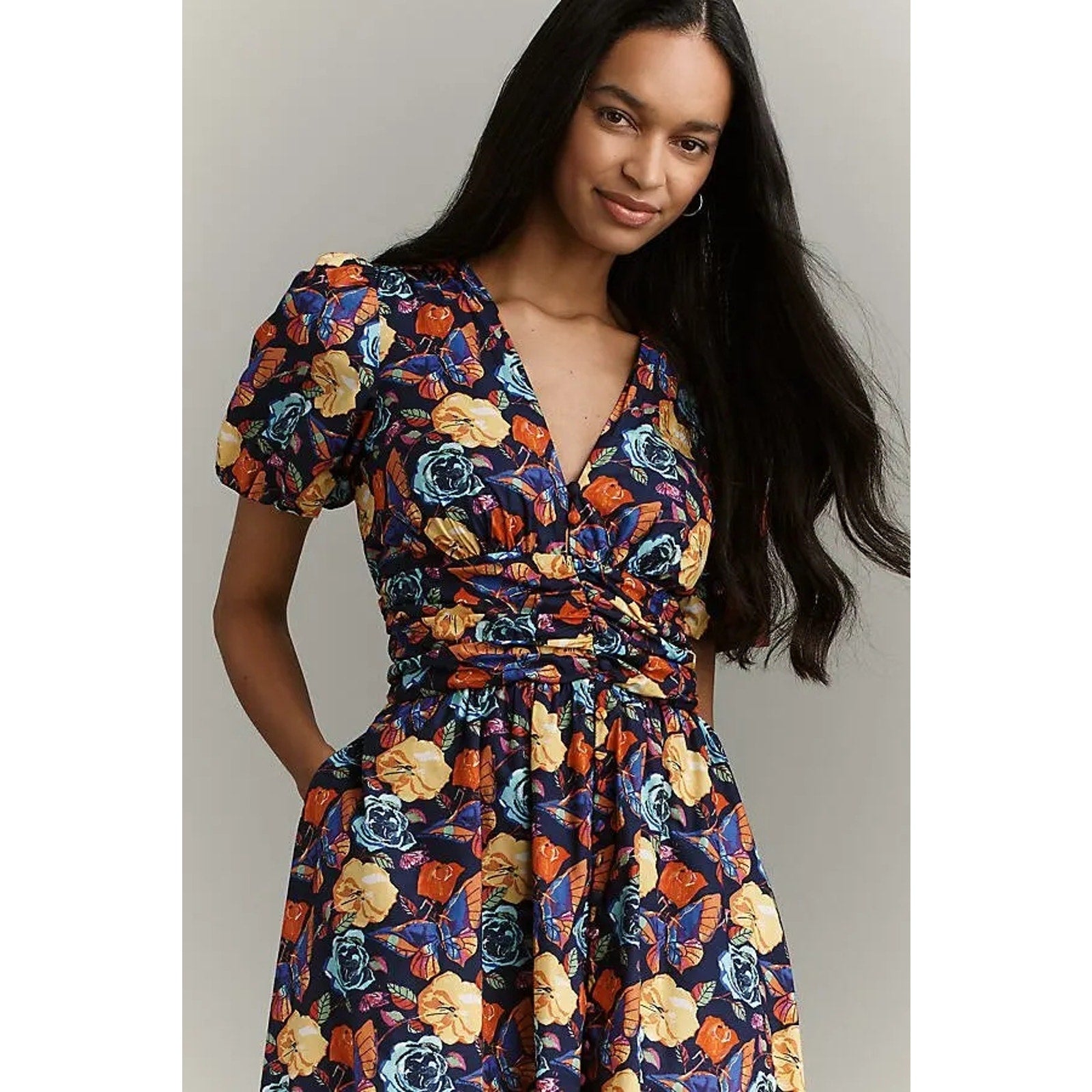 ANTHROPOLOGIE Katerina Button-Front Floral Midi Dress PLUS 2X Navy Anthropologie