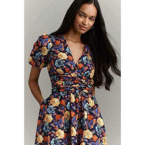 Floral button-front midi dress, V-neck and puff sleeves, cinched waist, plus size