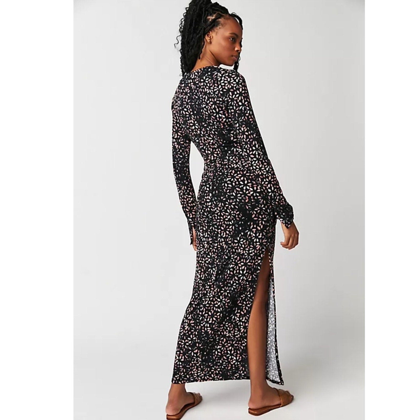 New Free People Shayla Wrap Midi Dress $128  LARGE  Black and Pink Combo V-neck
