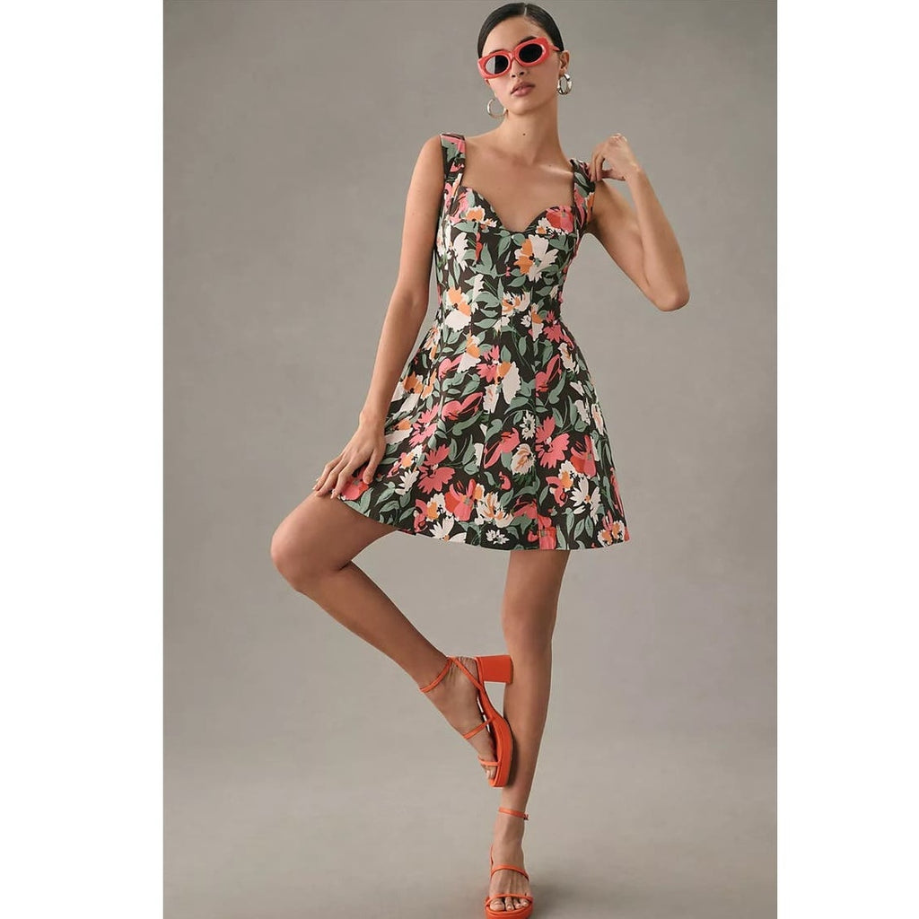 New Anthropologie Sweetheart Floral Mini Dress $180 MEDIUM Black Motif Stretchy