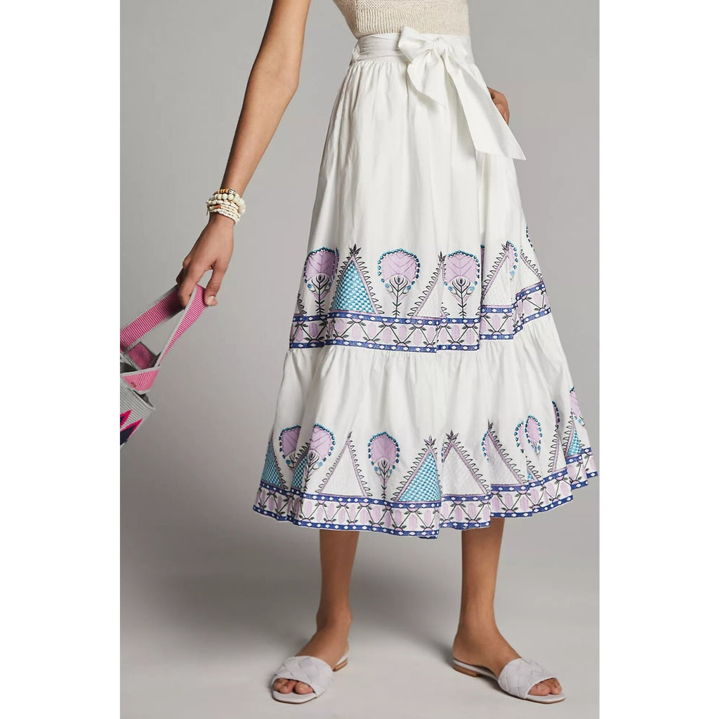 NEW Anthropologie Magda Geo Embroidered Midi Skirt Size XS White
