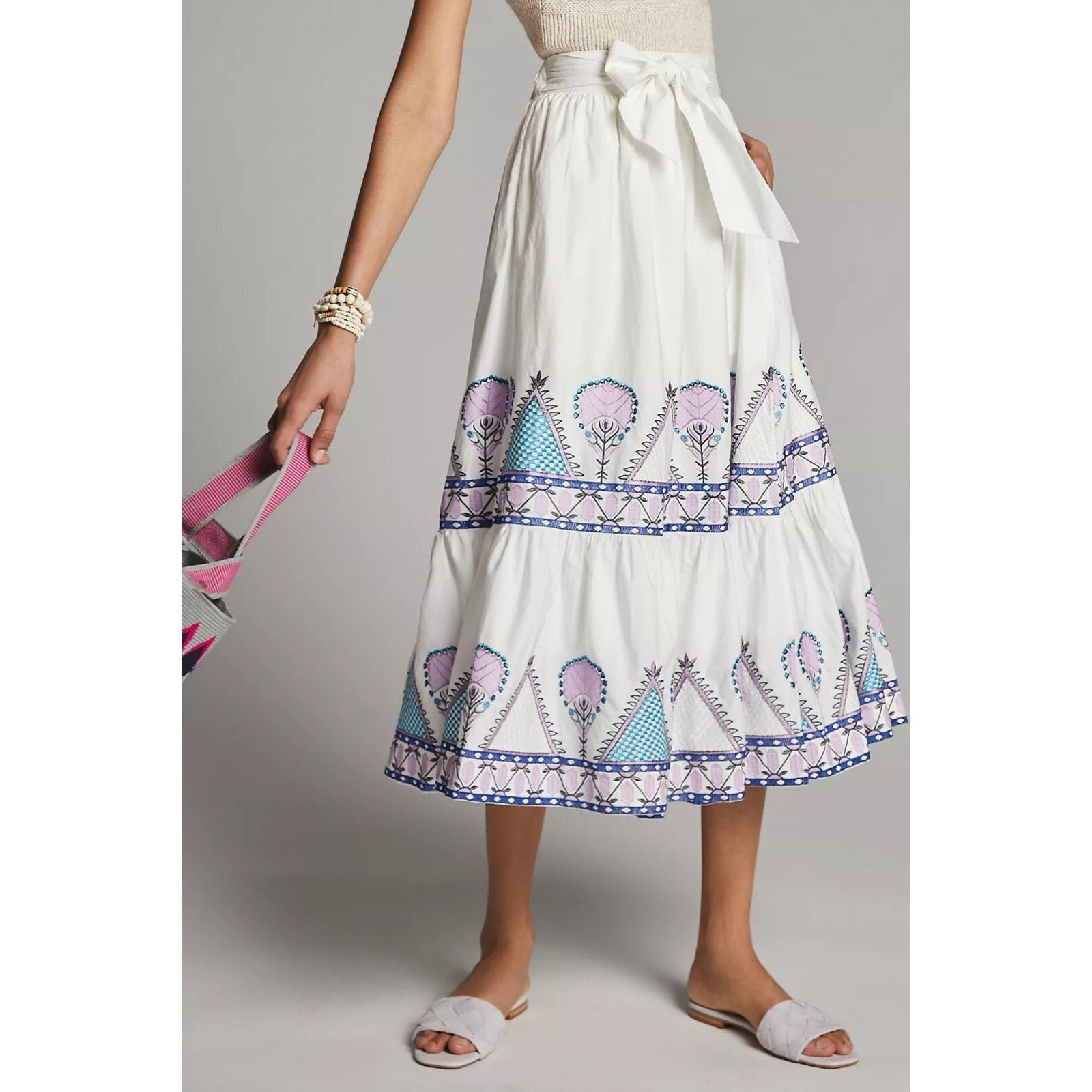 NEW Anthropologie Magda Geo Embroidered Midi Skirt Size XS White