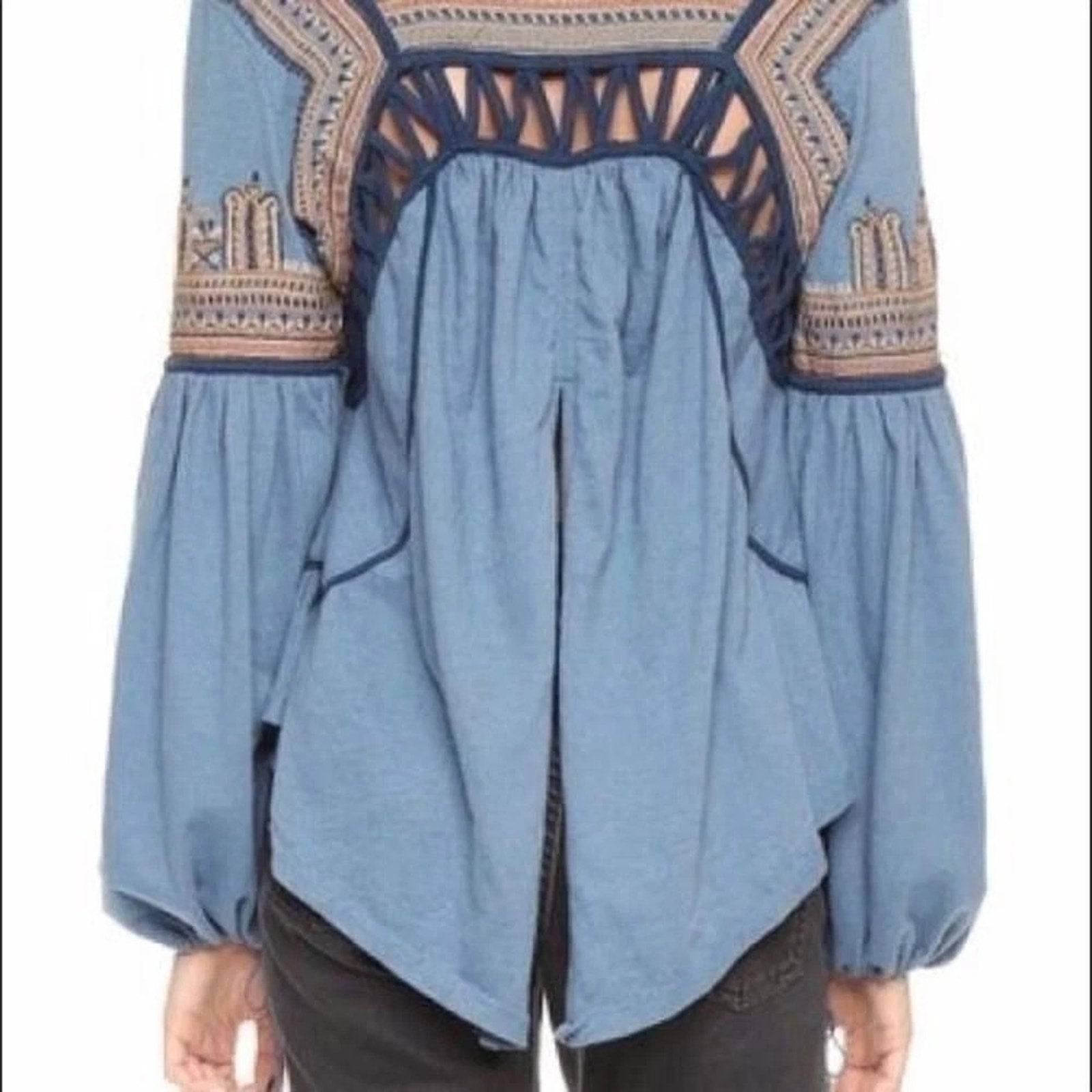 New Free People Snow Kisses Embroidered Long Sleeve Blouse $128 Medium Blue Boho