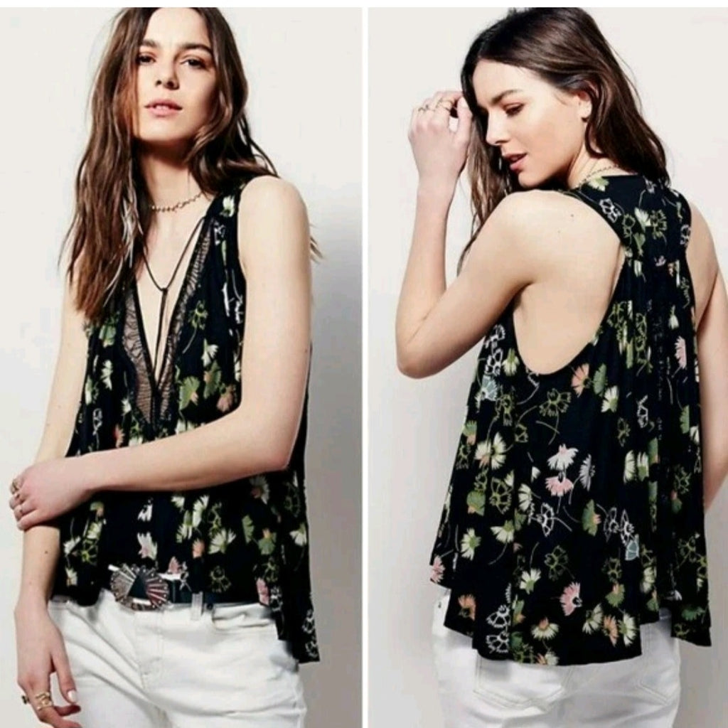New Free People Love Potion Floral Tank Top $88 SMALL Black V-neck Eyelash Lace