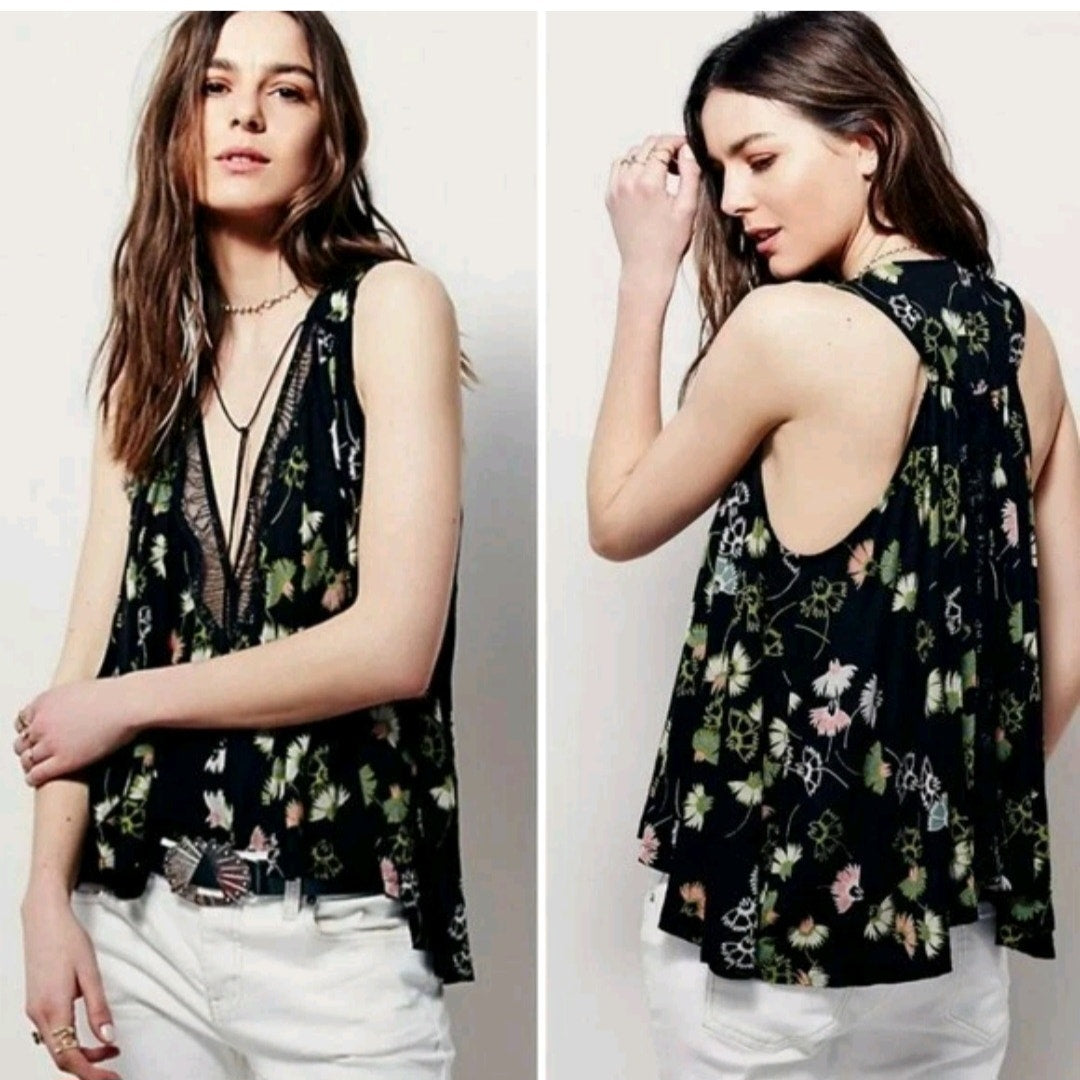 New Free People Love Potion Floral Tank Top $88 SMALL Black V-neck Eyelash Lace