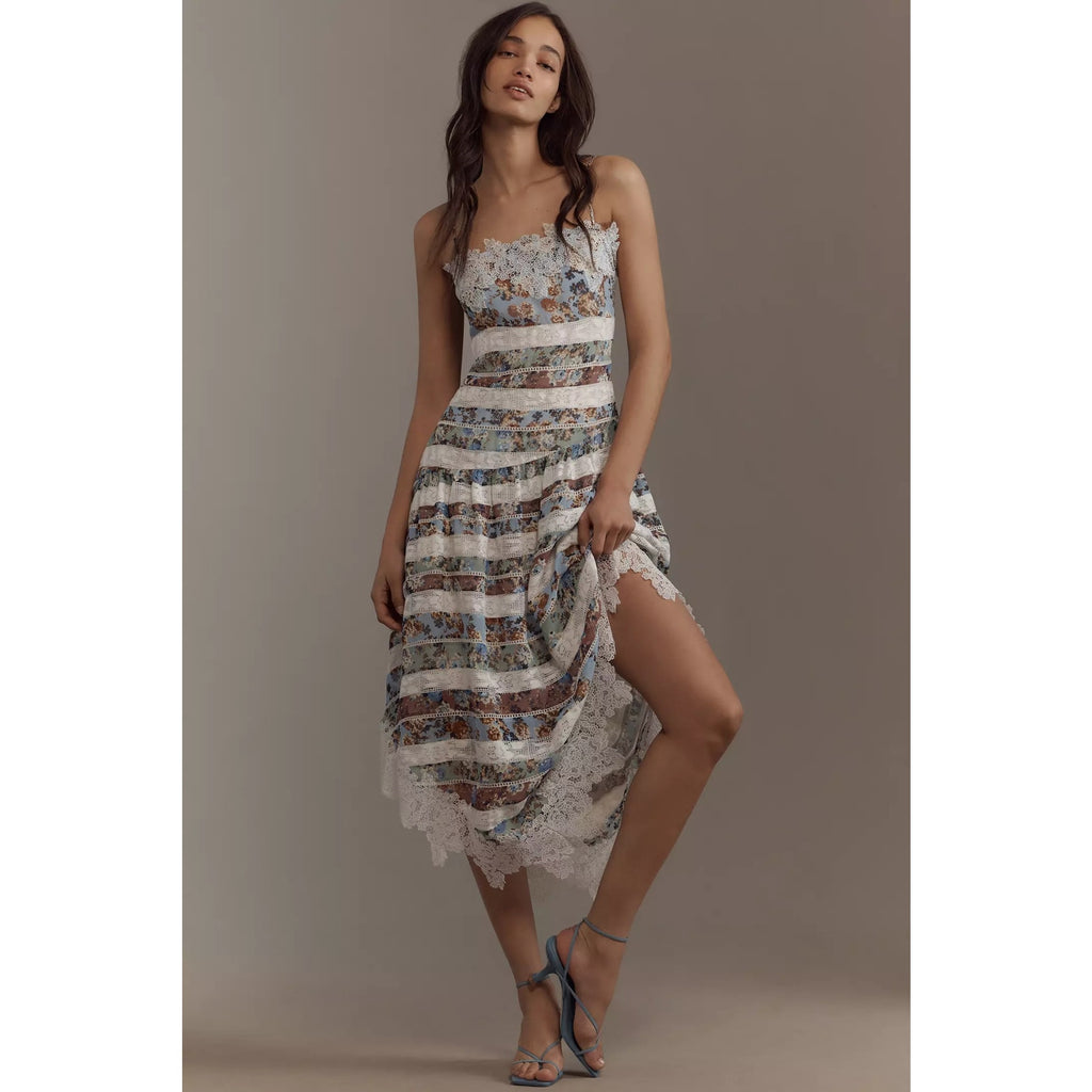 New Anthropologie Maeve Square-Neck Mixed Lace Midi Dress Size 14 $268 Floral