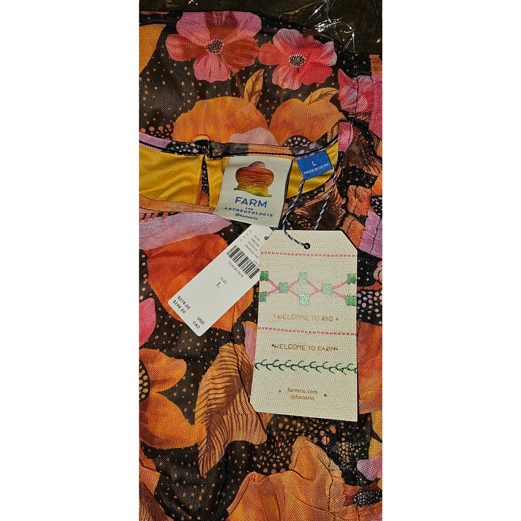 Farm Rio x Anthropologie Ruched Midi Dress LARGE Graphic Flowers ORANGE Anthropologie