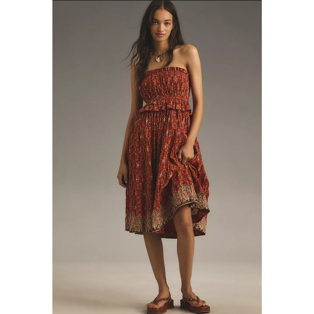 Anthropologie Plenty by Tracy Reese Strapless Smocked Midi Dress $228 XL