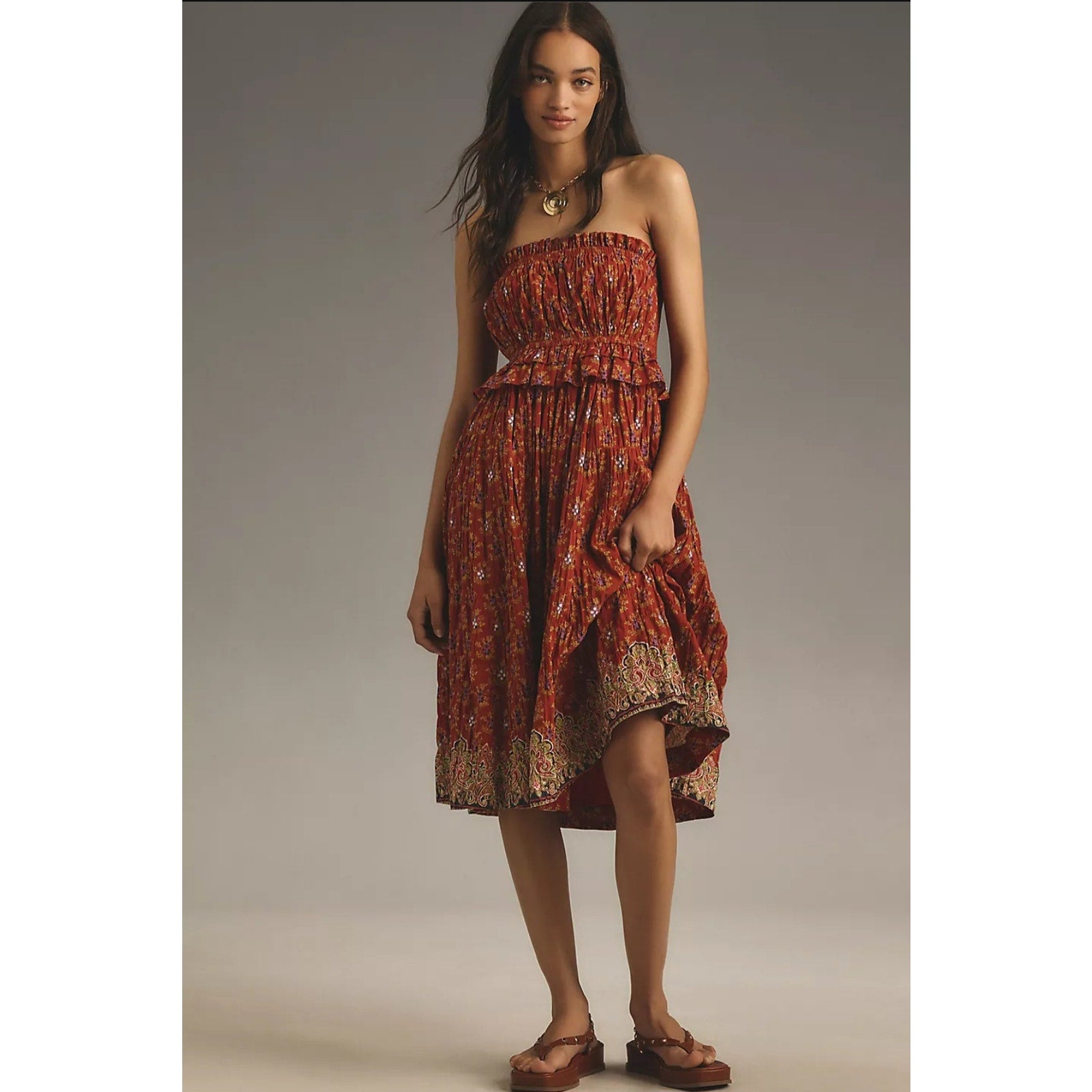 Anthropologie Plenty by Tracy Reese Strapless Smocked Midi Dress $228 XL