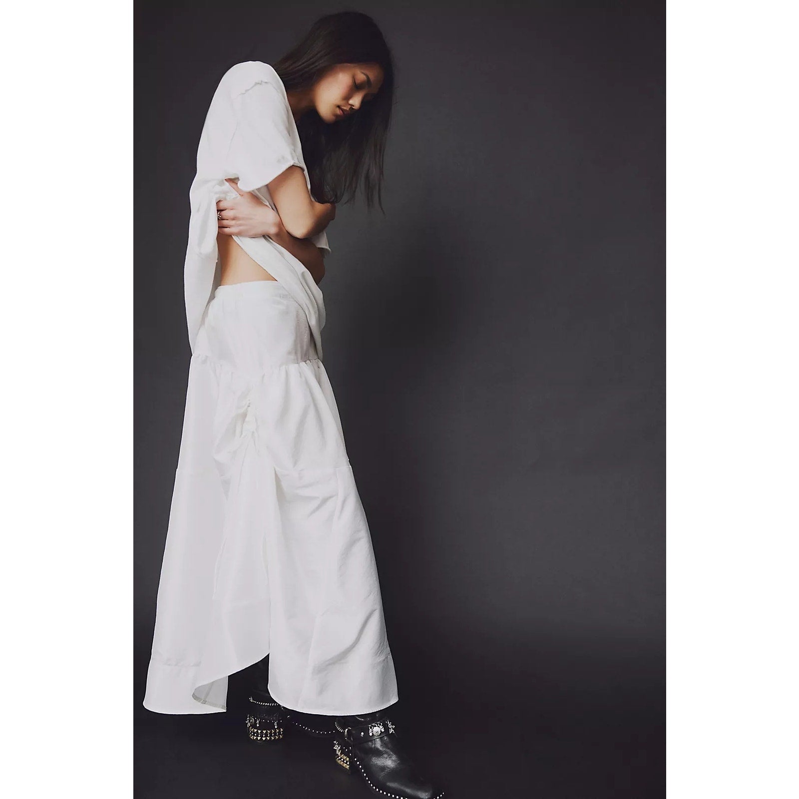 New FREE PEOPLE Emery Drop-Waist Midi Skirt $128 X-SMALL White Elastic